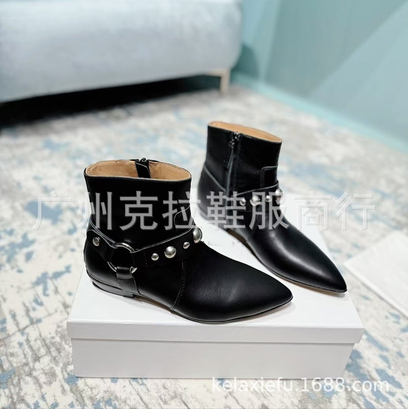 High-Definition 2025 Cow Suede Pointed Toe Flats Bottom Side Zipper Rivets Western Cowboy Boots Boots Single Boots - Image 1